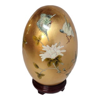 Large Chinoiserie Gold Leaf Porcelain Egg With Birds & Chrysanthemums For Sale