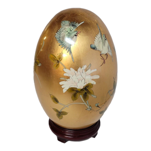 Large Chinoiserie Gold Leaf Porcelain Egg With Birds & Chrysanthemums