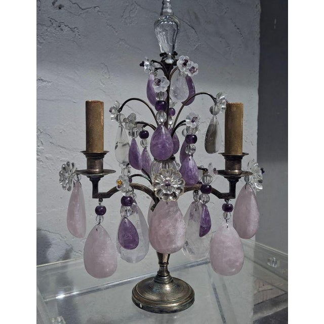 19thc Rare and Opulent French Louis XV Rose Quartz, Amethyst and Clear Natural Polished Quartz Rock Crystal Girandole,...