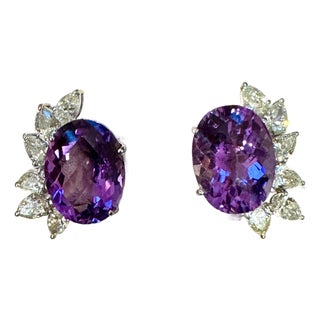 22 Ct Natural Amethyst & 3.60 Ct Pear shape Diamond Stud Earrings, 14KWG, A Pair For Sale