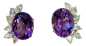 22 Ct Natural Amethyst & 3.60 Ct Pear shape Diamond Stud Earrings, 14KWG, A Pair