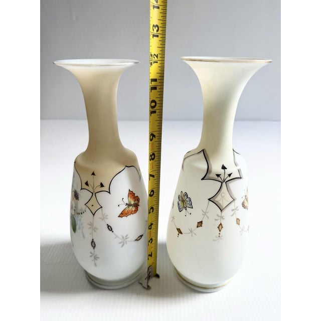 Matching Pair of Antique Bristol Glass Vases With Hand Painted Flowers & Butterflies For Sale - Image 17 of 17