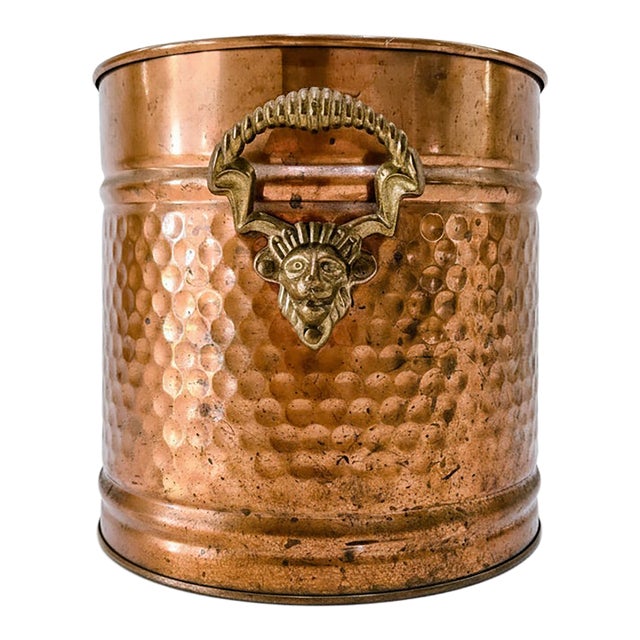 Vintage Hammered Copper Coal Scuttle Bucket With Brass Satyr Handle – Fireplace, Hearth, or Umbrella Stand For Sale