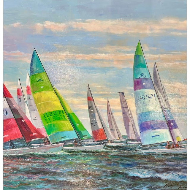 Sailboat Regatta Oil Painting – Coastal Racing Scene by Matt Thomas – 30" X 40" For Sale - Image 4 of 7