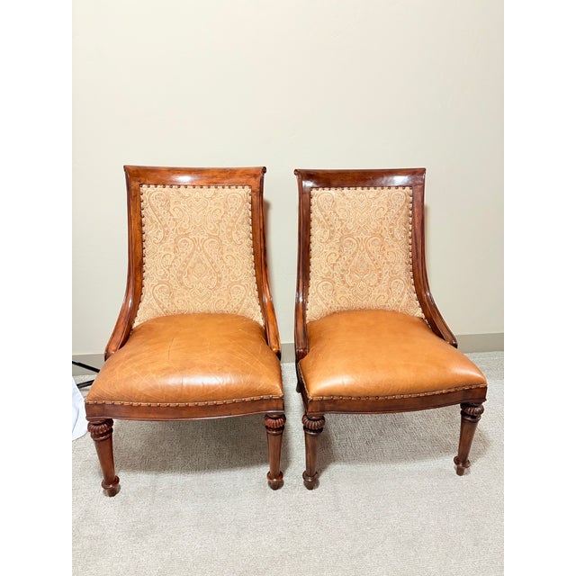 Mid-Century Modern Vintage Carved Wood Chairs With Leather Seats and Damask Upholstered Backs ~ Set of 4 For Sale - Image 3 of 9