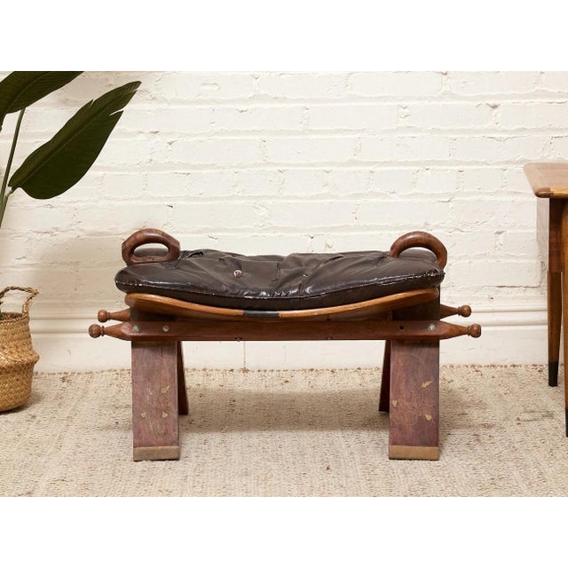 Rustic Vintage Leather Saddle Stool With Tufted Seat and Sculptural Wood Frame as Found For Sale - Image 3 of 12