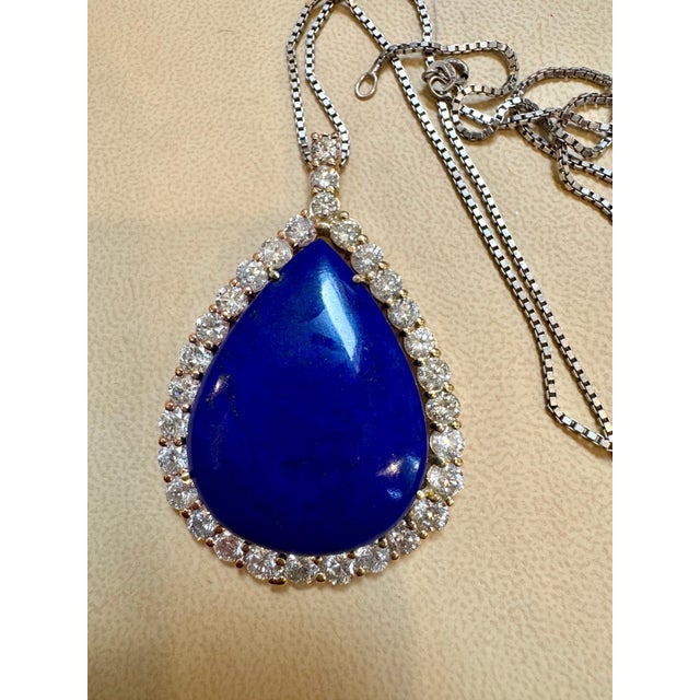 75 Carat Lapis & 9.5 ct Diamond Pendant Necklace 14 Karat White Gold + Chain For Sale - Image 18 of 18