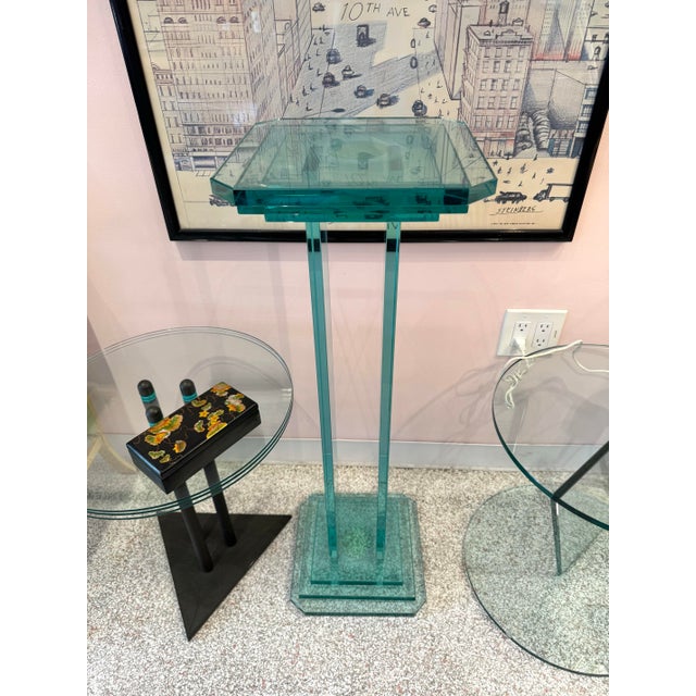 A stunning vintage stacked heavy aqua colored glass pedestal. This piece is made with high quality heavy tempered glass....