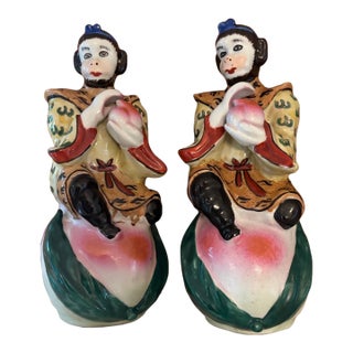 Mid-20th Century Chinoiserie Porcelain Monkey & Longevity Peach Figurines - Pair For Sale