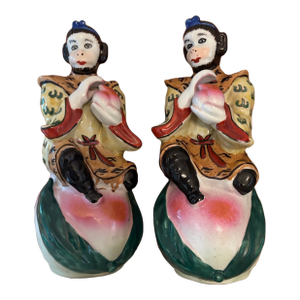Mid-20th Century Chinoiserie Porcelain Monkey & Longevity Peach Figurines - Pair