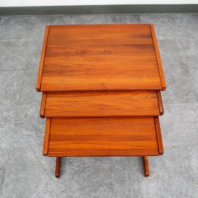 Mid-Century Modern Mid Century Danish Modern Nesting Tables Solid Teak Set 3 Denmark Sled MCM Wood For Sale - Image 3 of 12