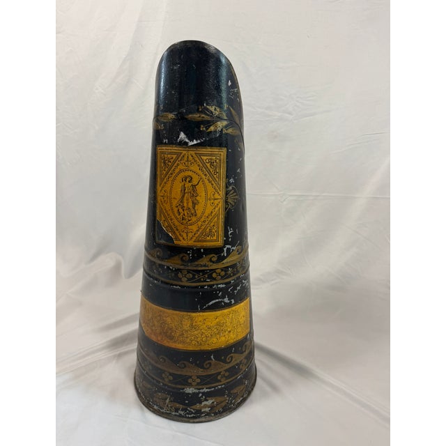 Metal Antique English Tole Coal Helmet Scuttle | Beldray Maker's Mark, Gilt Neoclassical Decoration | 24in Tall For Sale - Image 7 of 12
