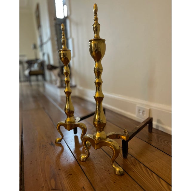 1980s Vintage 1980s Polished Brass Andirons, Pair For Sale - Image 5 of 7