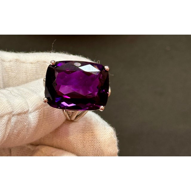 Huge 38 Carat Cushion Cut Natural Amethyst Cocktail Ring in Platinum 23.8 Gm For Sale - Image 17 of 18