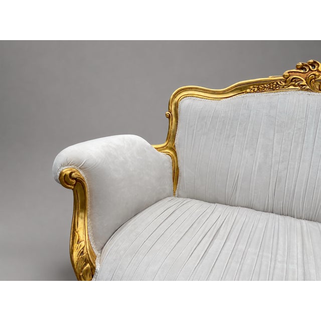 Wood 1980s French Louis XVI Gold Velvet Beech Settee For Sale - Image 7 of 16