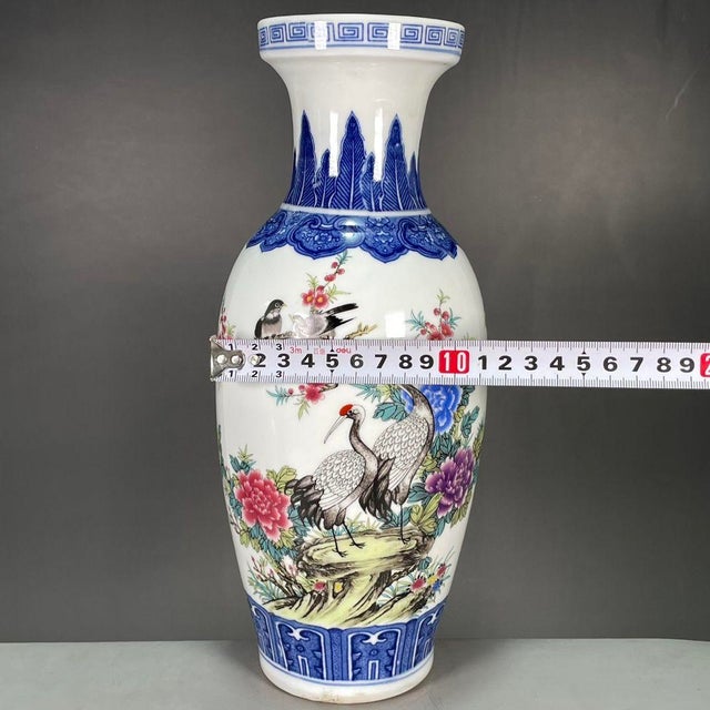 White Pair of Chinese Blue & White Famille Rose Porcelain Vases With Crane Motif For Sale - Image 8 of 9