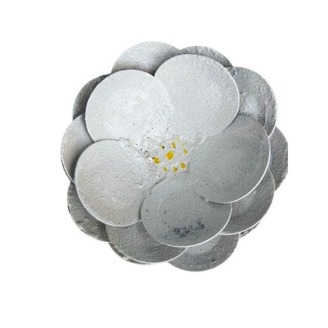 Hand-Painted, Metal Flower Sculpture With White Blossoms on Round Stand For Sale In Los Angeles - Image 6 of 7