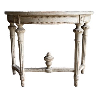 Vintage Style Demi Console With Carvings and Distressed Painted Finish For Sale