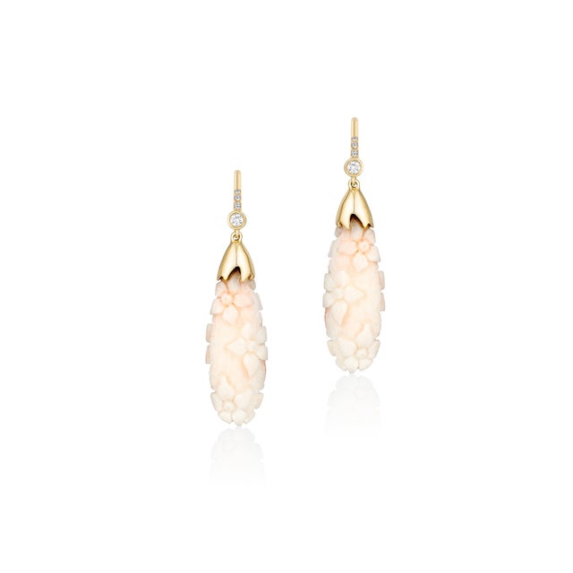 G-One' White Coral Flower Earrings with Diamonds on Wire in 18K Yellow Gold. Approximate Stone Details: White Coral - Size...