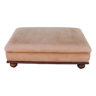 Oversized Vintage Ralph Lauren Tan Leather & Wood Ottoman With Bun Feet For Sale