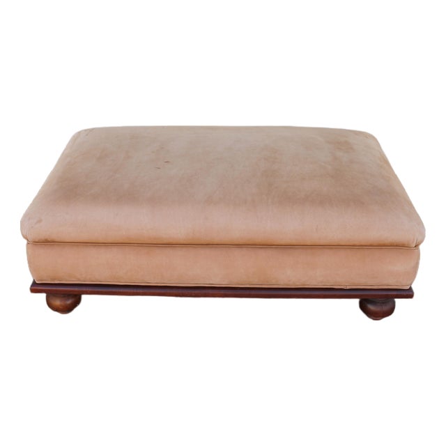 Oversized Vintage Ralph Lauren Tan Leather & Wood Ottoman With Bun Feet For Sale