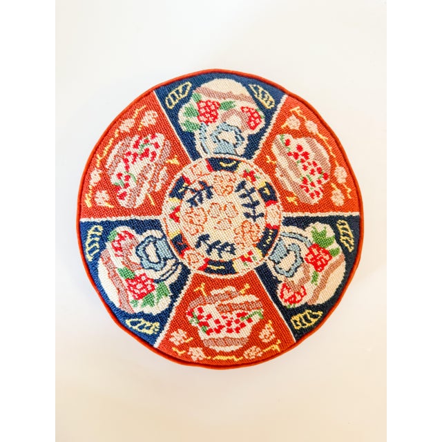 Japanese Vintage Imari Needlepoint and Velvet Pillow For Sale - Image 3 of 7