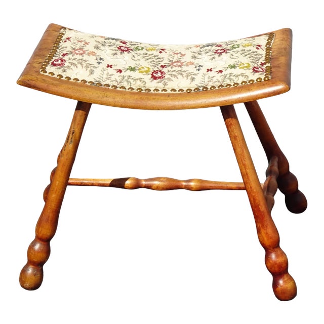 Vintage French Country Oak Saddle Style Seat W Floral Fabric Stool Bench For Sale