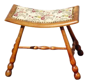 Vintage French Country Oak Saddle Style Seat W Floral Fabric Stool Bench