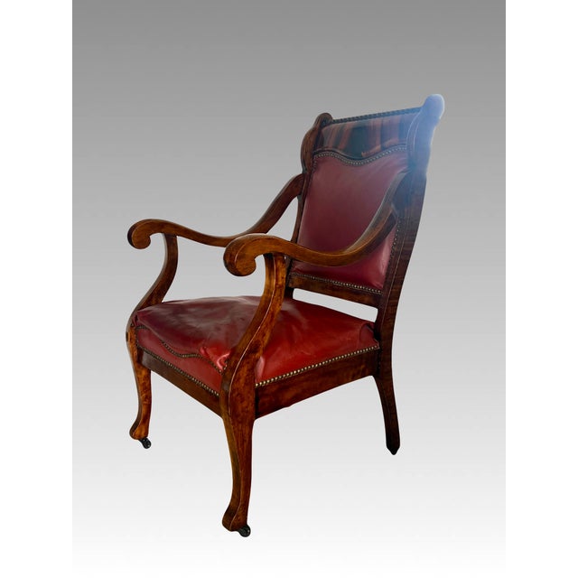 Antique Empire Flame Mahogany & Red Leather Library Armchair, Late 19th. Century Chair For Sale In Tampa - Image 6 of 14