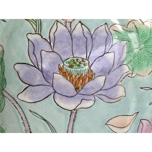 Turquoise Vintage Late 20th Century Pastel Waterlily Chinoiserie Vase For Sale - Image 8 of 10