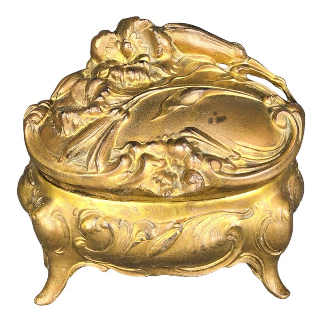 1900's Large French Art Nouveau Gilt Metal Jewelry Box For Sale