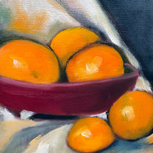 Paint Vintage Oil Painting Still Life of Oranges & Green Glass Bottle Framed - Unsigned For Sale - Image 7 of 11