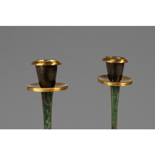 Set of Two (2) Mid-Century Post Modern Judaica Candlestick Holders in Brass and Acrylic Paint Attributed to Oppenheim, Israel, C. 1985 For Sale - Image 14 of 16