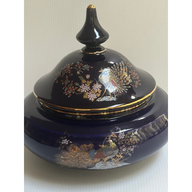 Italian Keramos Capodimonte Cobalt Blue Glaze Ornate Gold Handprinted Peacock and Floral Motif Lidded Round Vase Jar For Sale In New York - Image 6 of 16