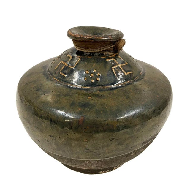 Chinese Early 20 Century Vintage Chinese Dark Green Glaze Pottery Vase/Liquor Bottle For Sale - Image 3 of 8