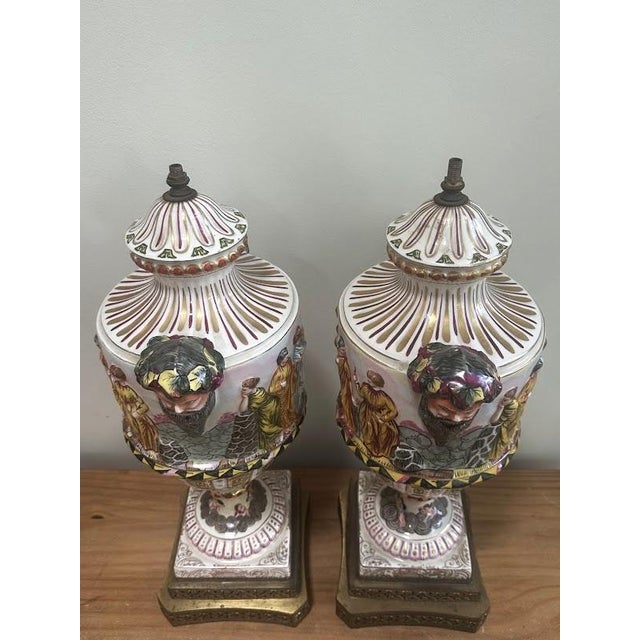 Pair of Vintage Capodimonte Style Porcelain Urns For Sale - Image 4 of 5