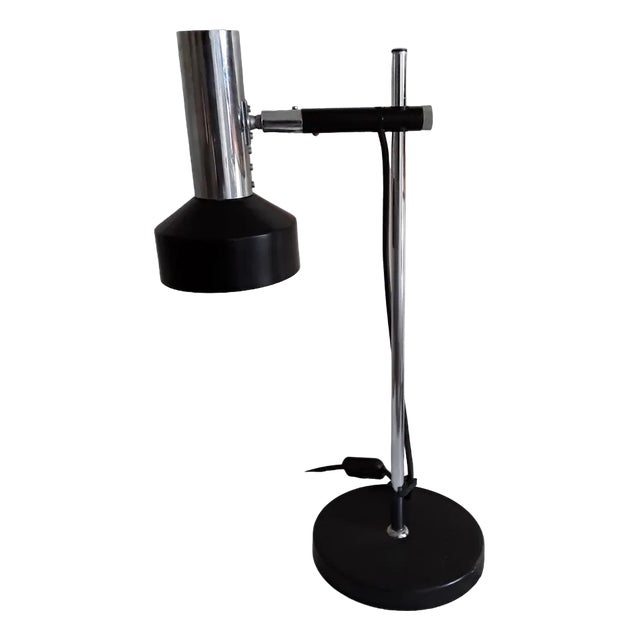 Vintage German Adjustable Desk Lamp with Black Metal Foot and Reflector and Chrome-Plated Frame, 1970s For Sale