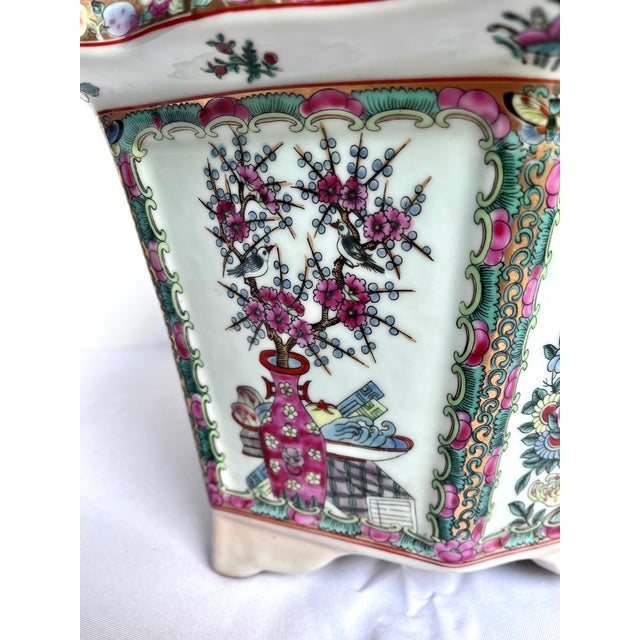 White Vintage Chinese Rose Famille Hexagonal Footed Jardiniere For Sale - Image 8 of 18