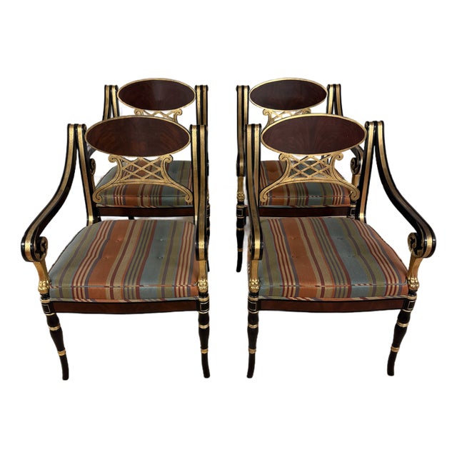 1980s Set of 4 Extraordinary Hand Carved, Lacquered and Guilded Arm Chairs From John Widdicomb For Sale