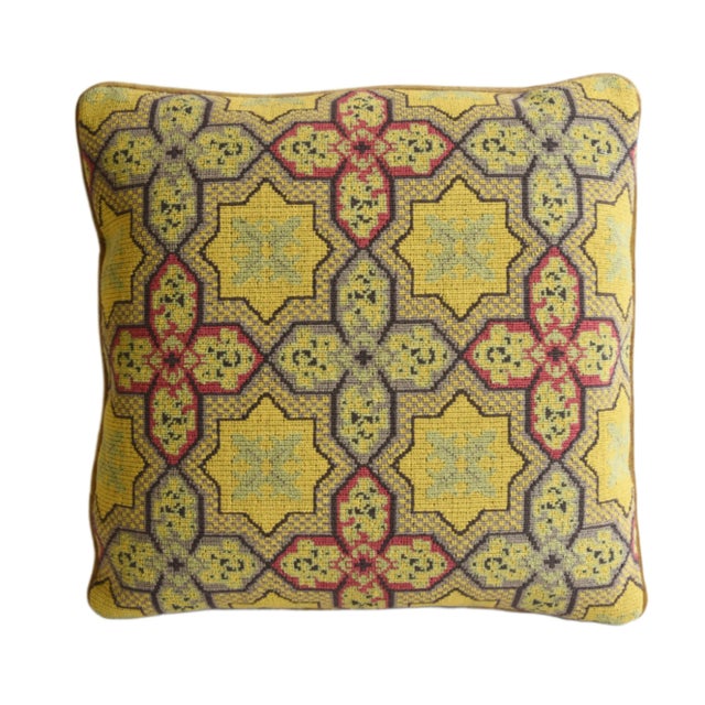 Custom-tailored designer pillow in Clarence House "Saratoga Mustard" gros-point woven cotton blend fabric. Gold cotton-...
