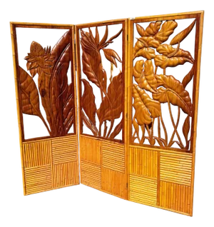 1940s 3 Panel Mid-Century Carved Koa Wood & Stacked Rattan Folding Screen