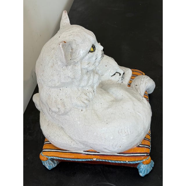 Monumental Italian Majolica Terracotta Mother Cat & Sleeping Kitten Sculpture on Striped Cushion, 22 Inches Wide For Sale In Chicago - Image 6 of 12
