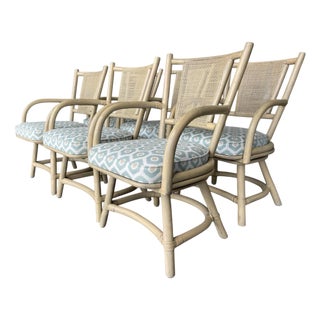Vintage Organic Modern Rattan Swivel Dining Chairs With Arms and Cane Backs – Set of 6 For Sale