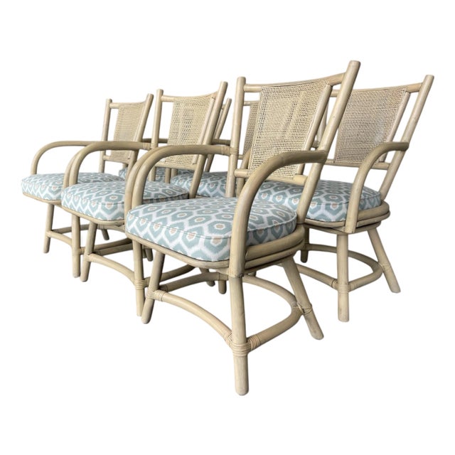 Vintage Organic Modern Rattan Swivel Dining Chairs With Arms and Cane Backs – Set of 6 For Sale