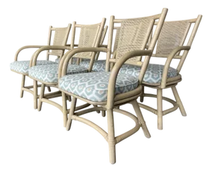 Vintage Organic Modern Rattan Swivel Dining Chairs With Arms and Cane Backs – Set of 6