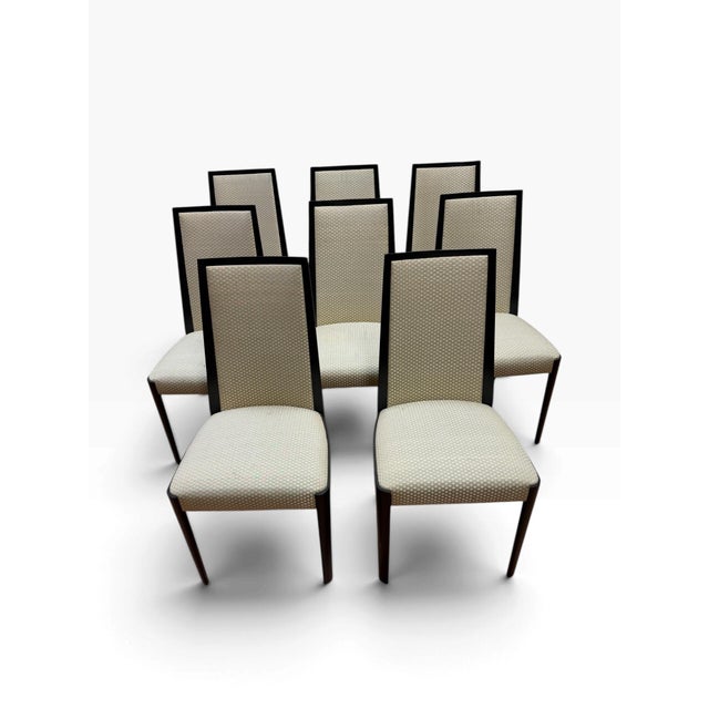 A sophisticated, complete set of eight (8) contemporary high-back dining side chairs. These chairs feature an elegant,...