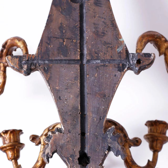 Antique Italian Carved Wood Gilt and Painted Wall Sconces - a Pair For Sale - Image 10 of 11