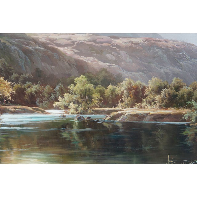 Wood Mid 20th Century Vintage Pastoral River Landscape Oil Painting Realism Cattle Grazing Framed For Sale - Image 7 of 11
