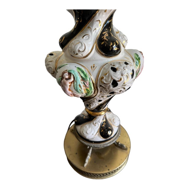 Vintage Capodimonte Porcelain Italy Black White Handpainted Fish Filigree Table Lamp For Sale - Image 14 of 16