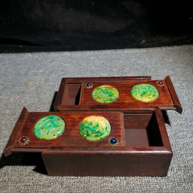 Art Deco Vintage Huali Wood Double-Drawer Jewelry Box With Carved Green Jade Discs For Sale - Image 3 of 9